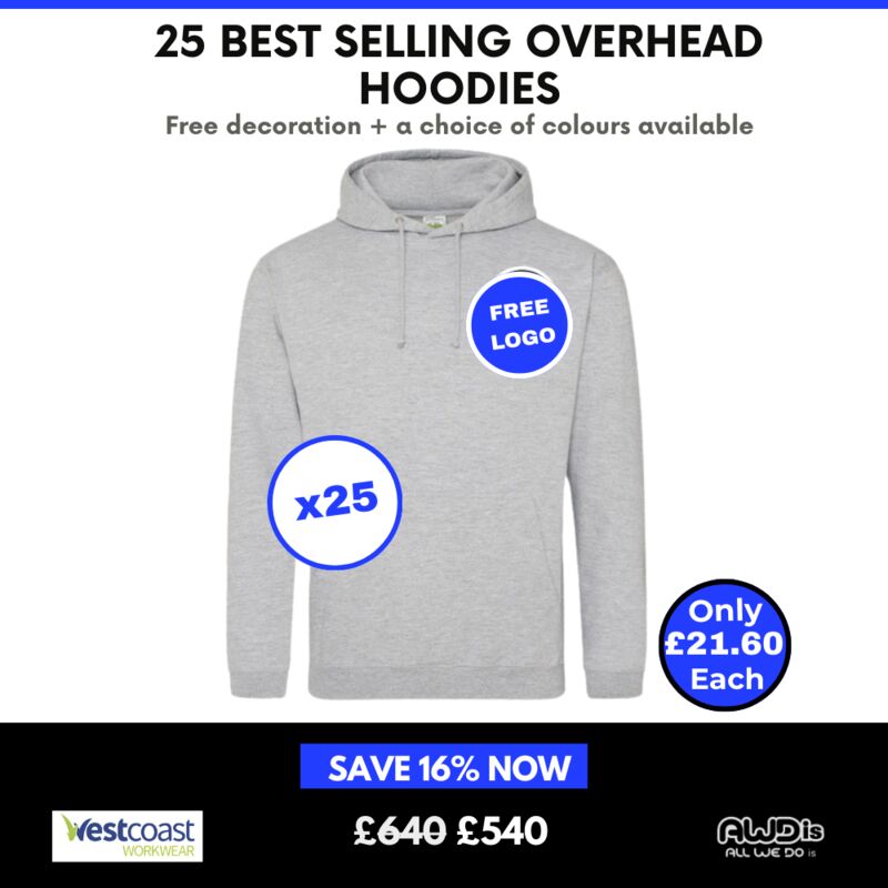 25 x AWDis Best Selling Hoodies + Free left chest logo Thumbnail