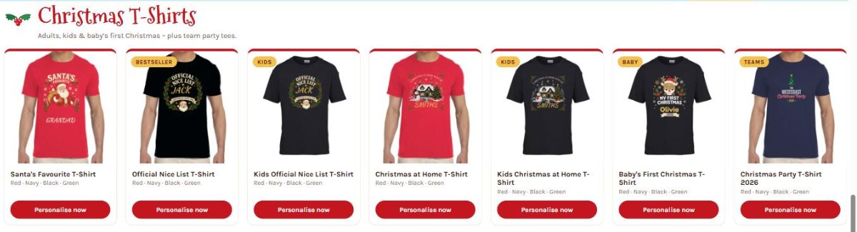 Personalised Christmas t-shirts for adults, kids, babies and staff parties