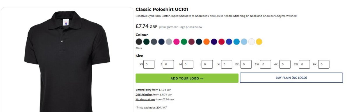 Westcoast Workwear product page with Add your logo and Buy plain buttons