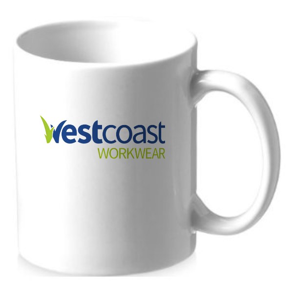Promotional mug printed with the Westcoast Workwear logo